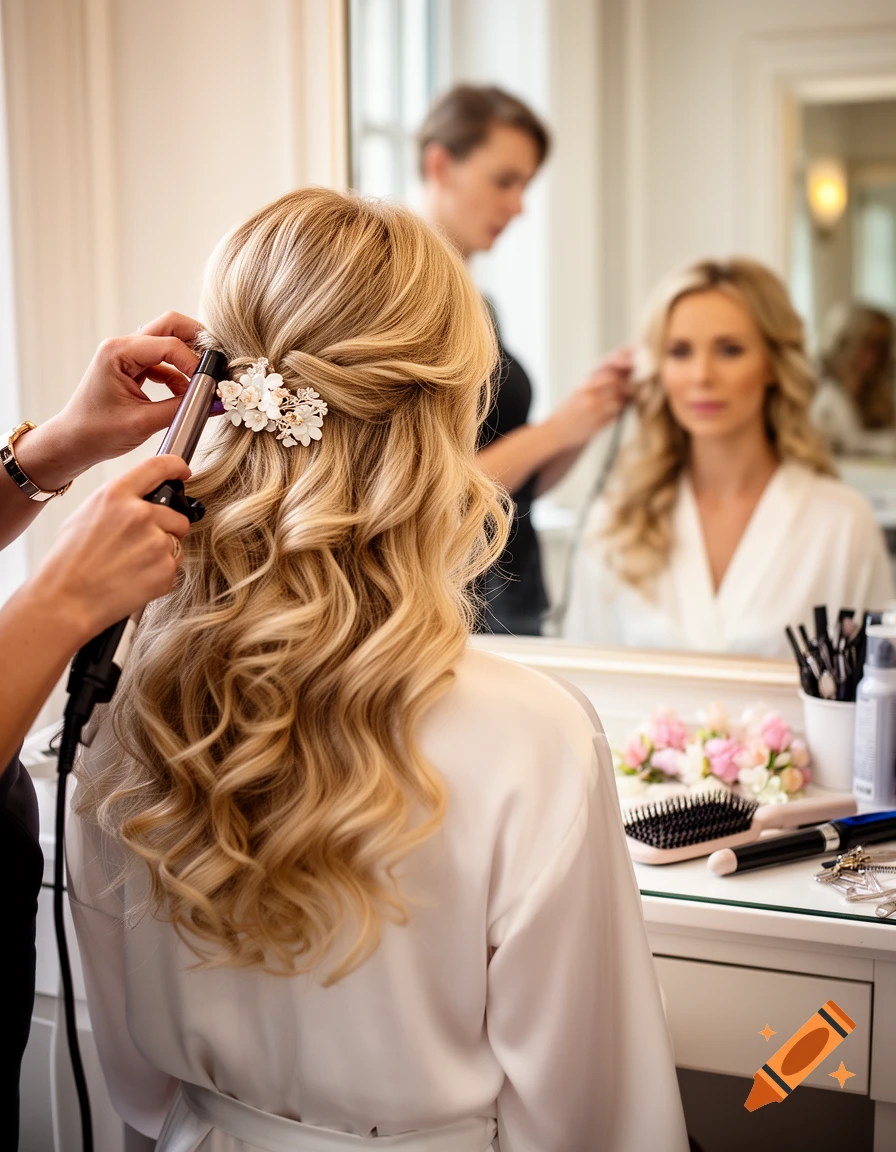 Photorealistic image of a woman with long blonde wavy hair getting styled with a curling iron and a floral hairpiece.