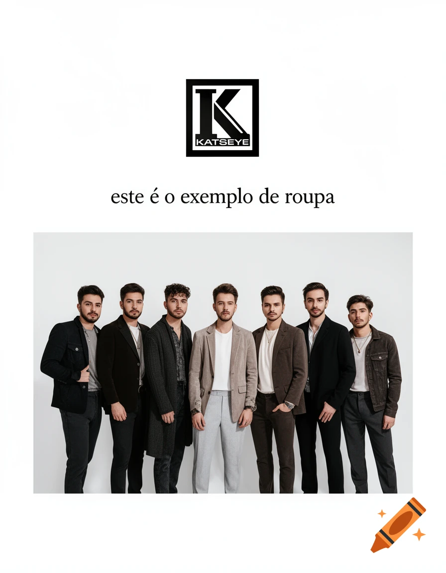 Group of seven men in stylish jackets standing against a white background with Katseye logo and Portuguese text above.
