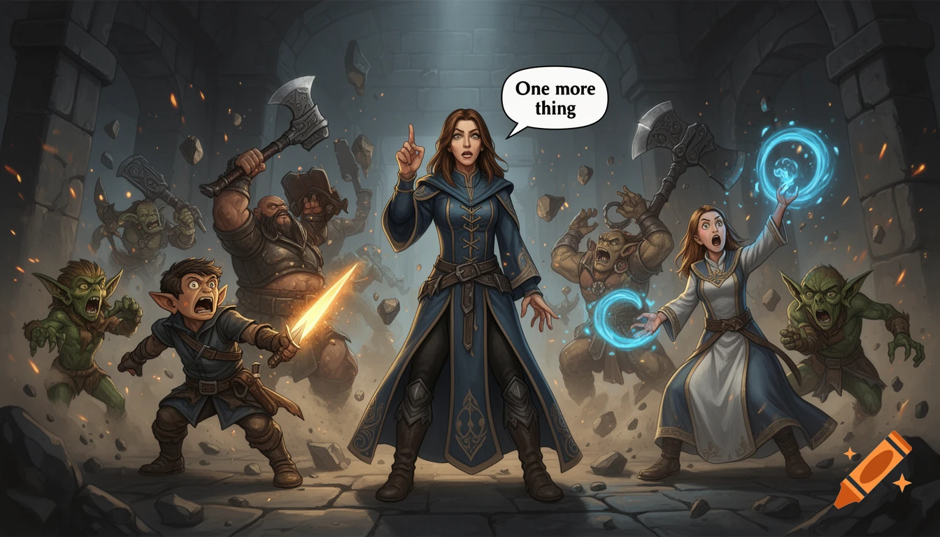 Fantasy illustration of an adventuring party frozen in battle inside a stone dungeon, with a female wizard saying one more thing.