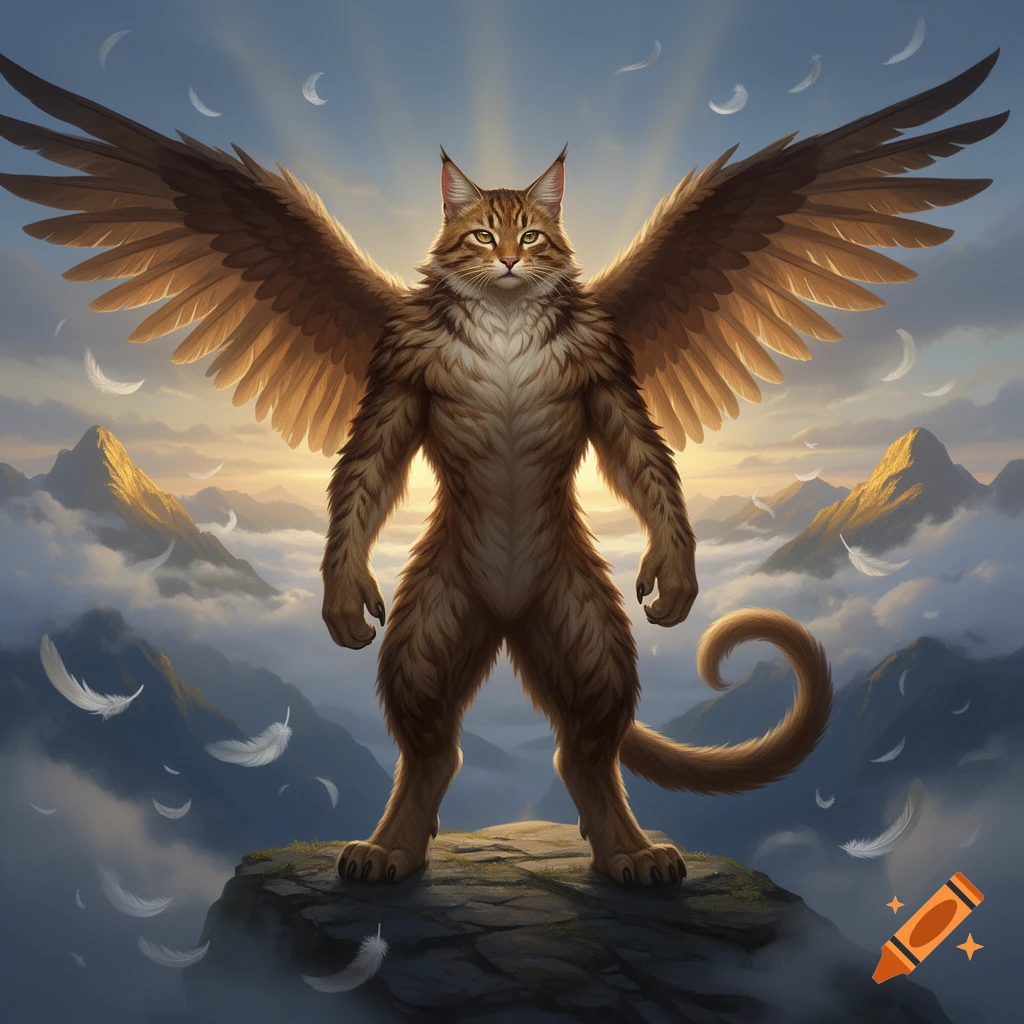 An anthropomorphic cat creature with large feathered wings and a tail stands on a mountain peak at sunrise, digital art.