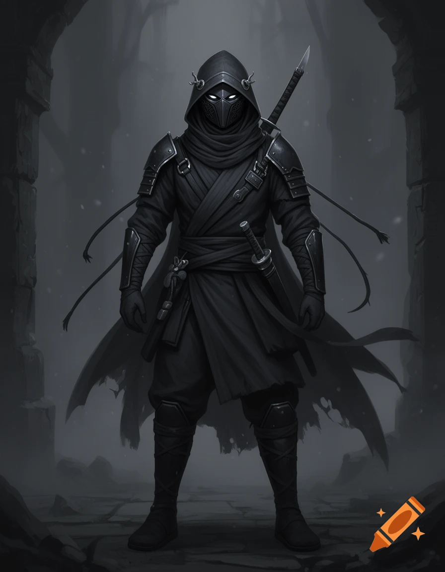 A full-body digital illustration of a dark fantasy ninja wearing black layered clothing, armor, a mask, and a hood in a stone archway.