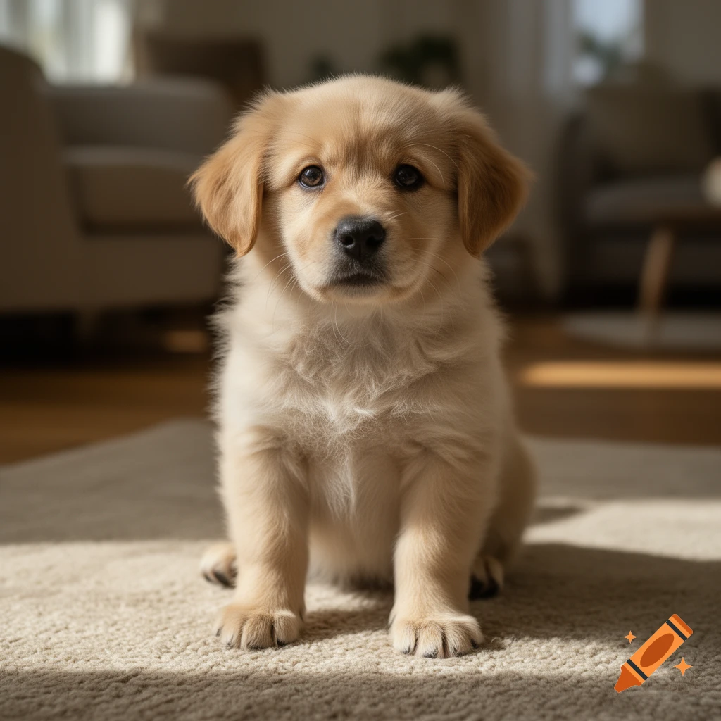 Photorealistic golden retriever puppy sitting on a beige carpet indoors.