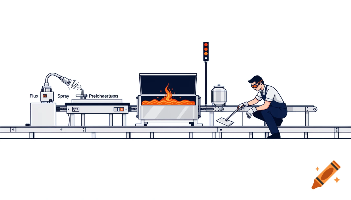Flat vector infographic illustration of an industrial wave soldering machine with a technician skimming molten metal, in navy blue and orange.