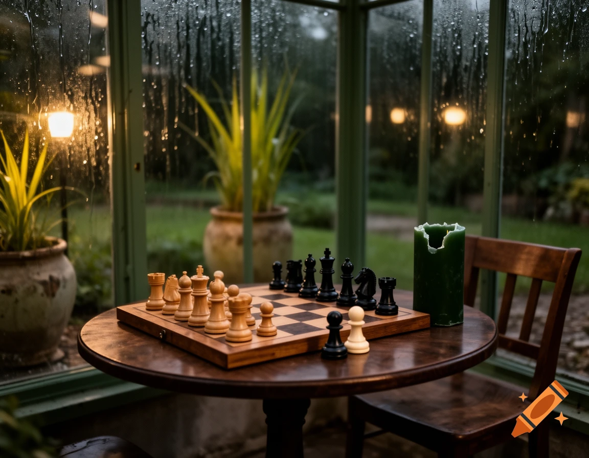 Photorealistic night scene of a chessboard on a round wooden table inside a rainy conservatory with plants and a candle.