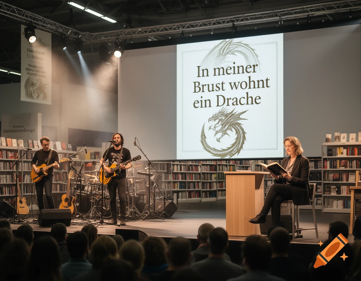 Stage with a band performing and a woman reading a book with a large screen displaying German text behind them.