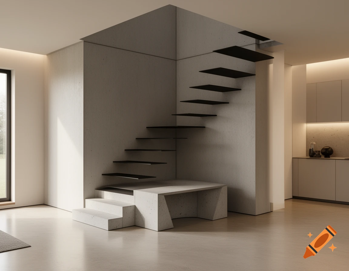 Minimalist architectural interior render featuring a custom U-shaped staircase with concrete and floating black steel treads in a corner.