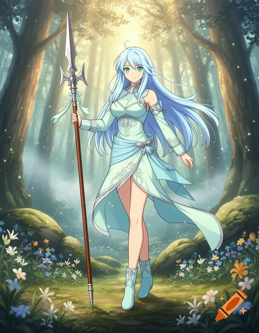 Anime style illustration of a female character with long light blue hair, wearing light blue and green clothes, holding a yari spear in a forest.