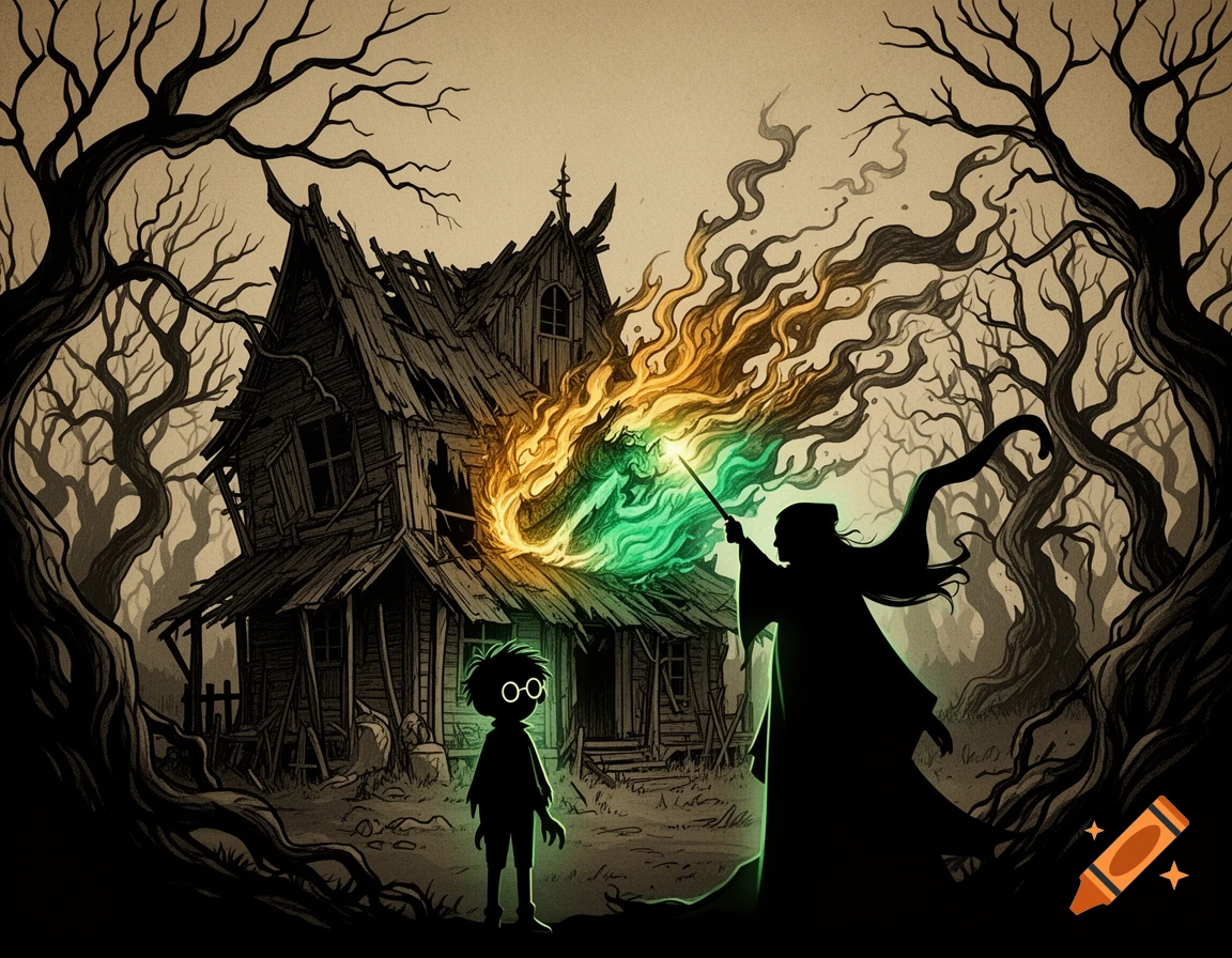 Gothic fairytale illustration of a dark wizard and a young boy casting emerald fire at a dilapidated wooden cabin, ink line art.