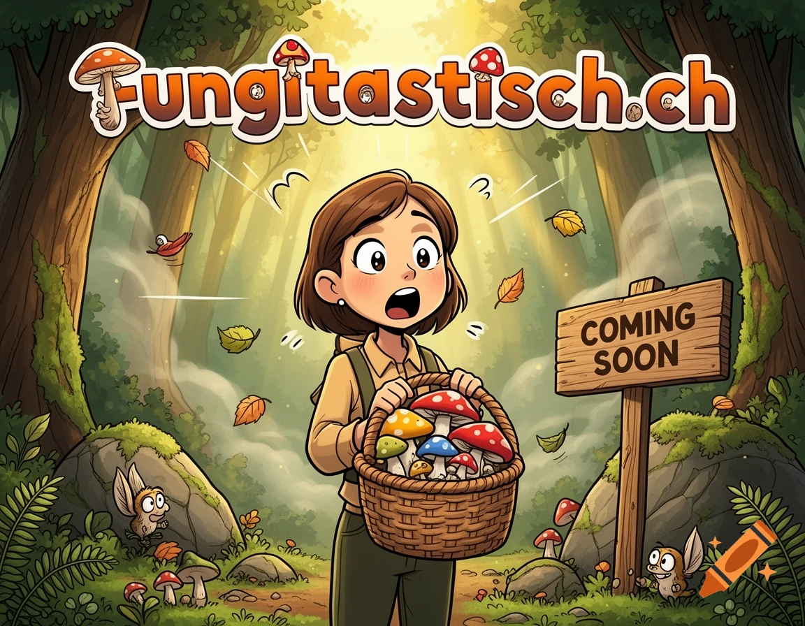 Comic style illustration of a girl in the forest holding a basket of mushrooms next to a coming soon sign with the text Fungitastisch.ch above.