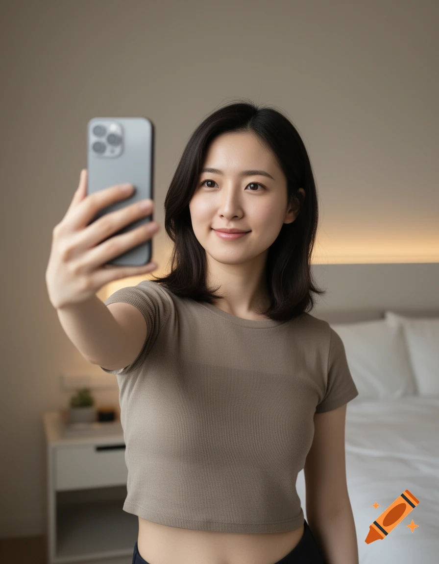 Photorealistic selfie of a young Asian woman with dark hair holding a smartphone in a bedroom.