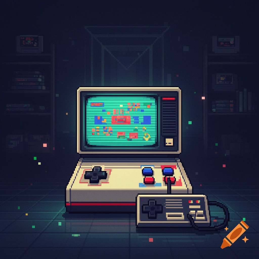 An 8-bit pixel art image of a retro video game console with a screen and attached controller in a dark room.