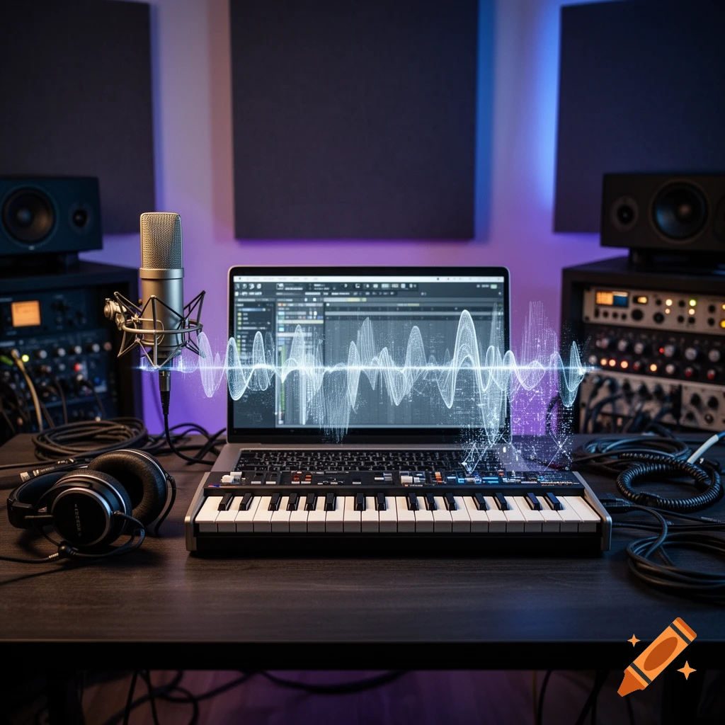 A modern music production studio setup featuring a laptop with a digital audio workstation, a midi keyboard, and a microphone.