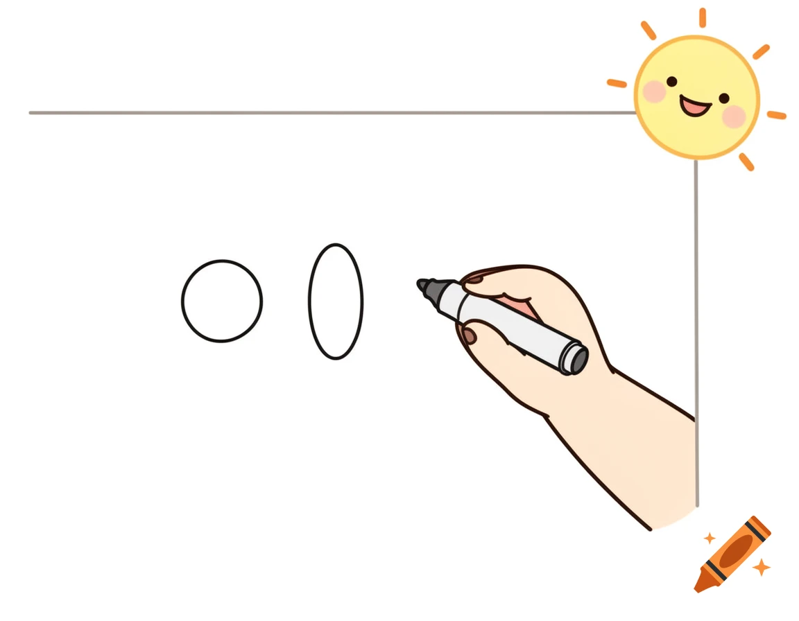 A cute cartoon hand holding a marker draws a circle and an oval on a page next to a smiling sun.