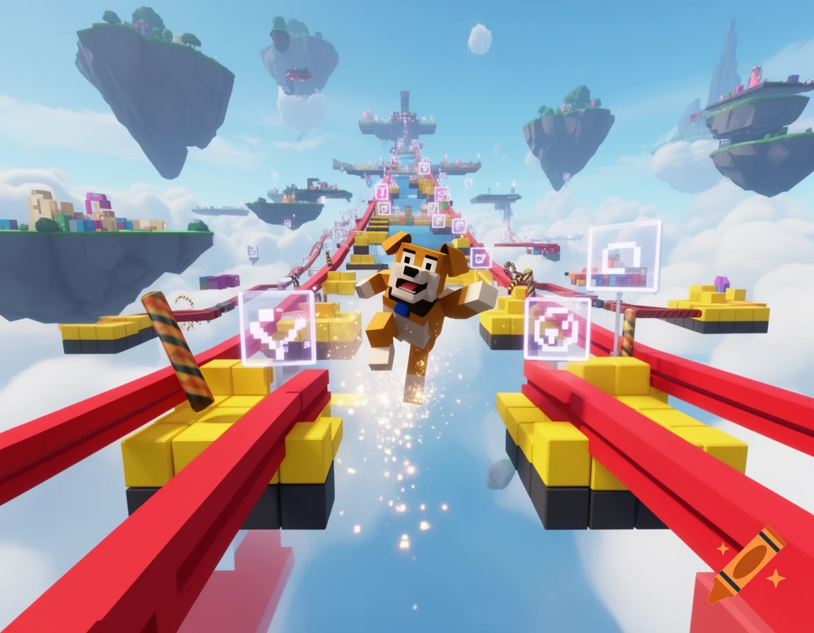 A blocky Roblox-style dog jumping across floating platforms in an obstacle course in the sky.