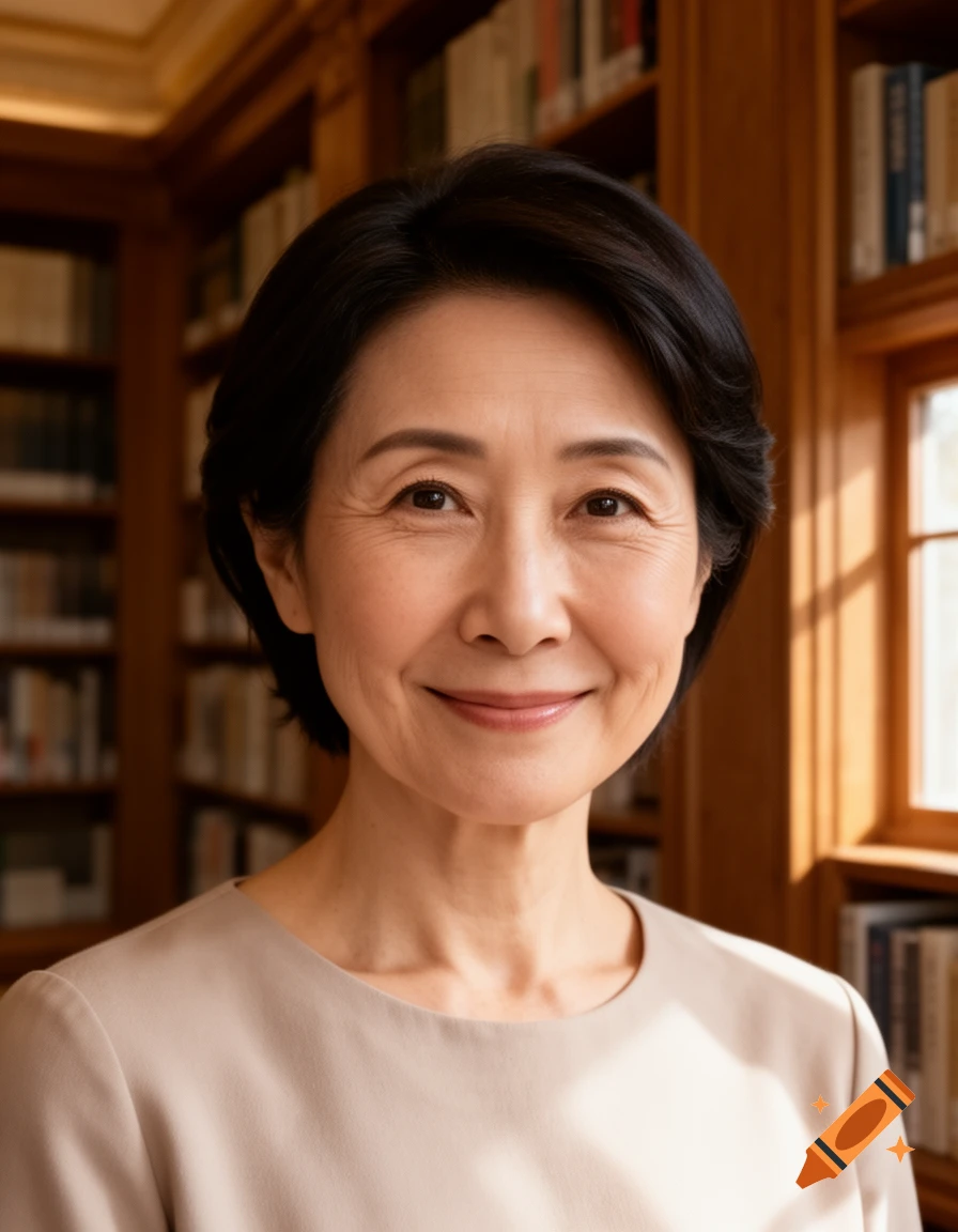 Photorealistic portrait of a gentle Japanese woman in her 40s smiling softly in a library.