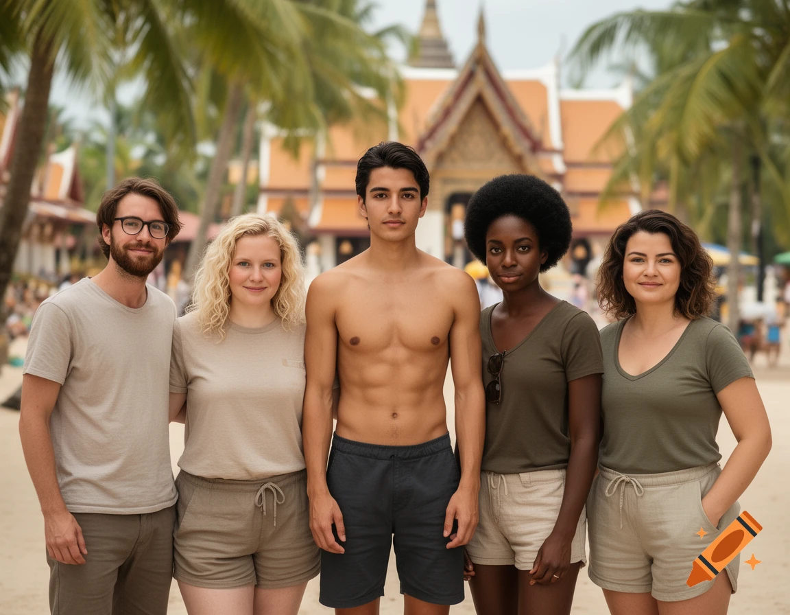 Photorealistic group portrait of five diverse friends posing together on a beach in front of a Thai temple.