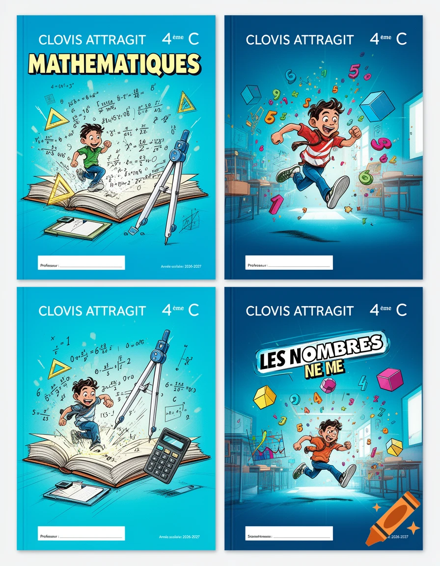 Four vibrant blue school notebook covers featuring cartoon students and mathematical elements in a modern comic book style.
