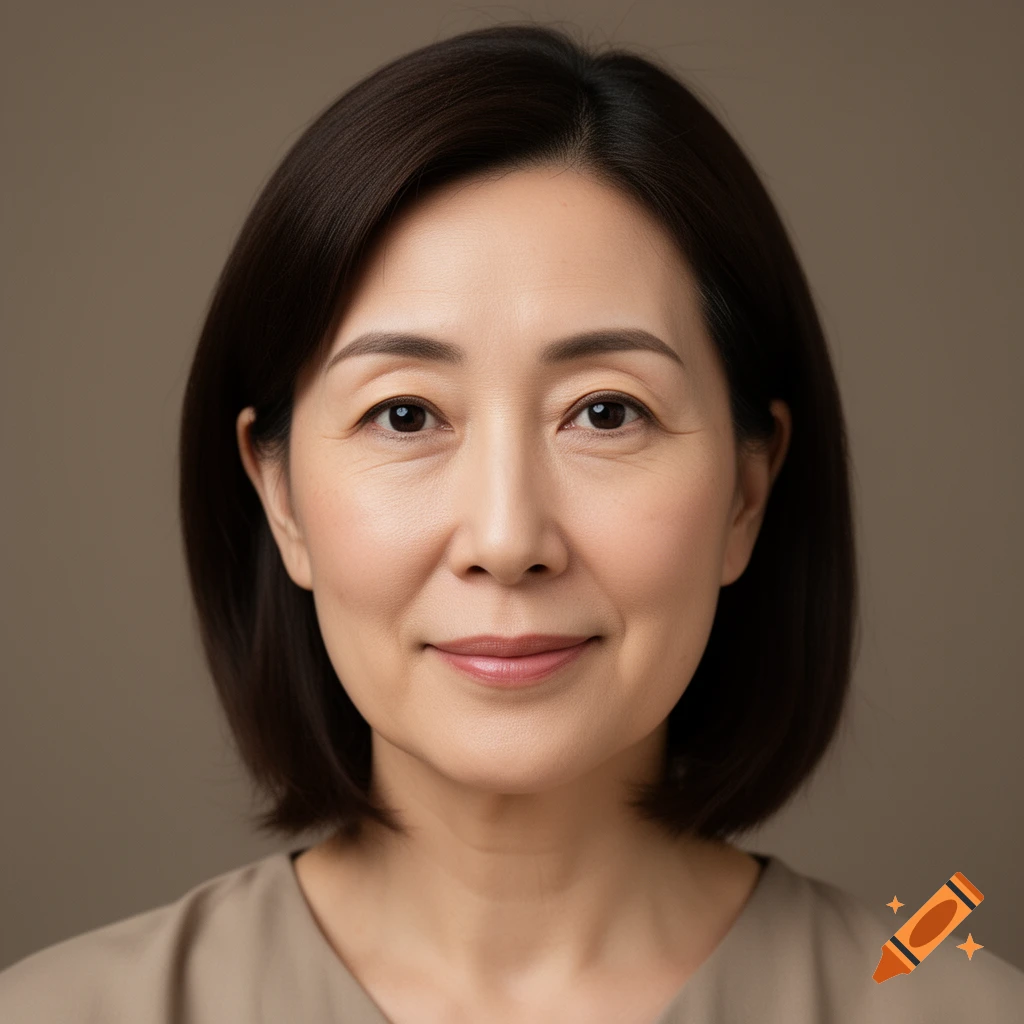 Photorealistic portrait of a middle-aged Asian woman with short dark hair and a neutral expression against a plain brown background.