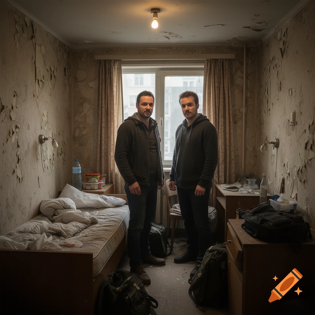 Photorealistic image of two men standing in a small, run-down, and messy hotel room with peeling wallpaper.