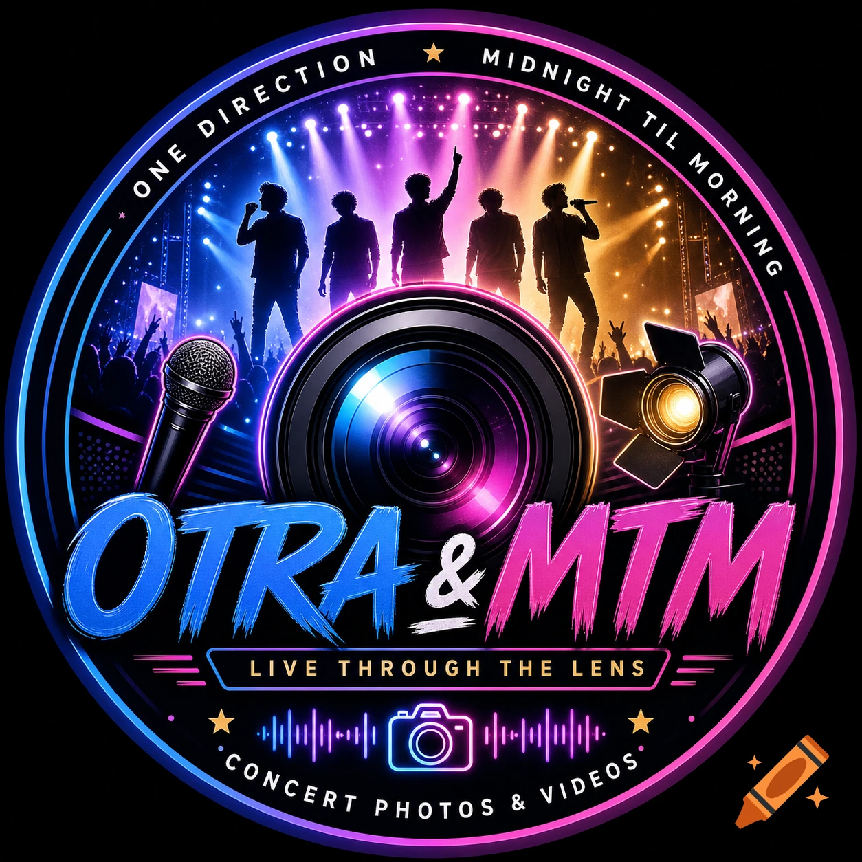 Circular neon logo for One Direction and Midnight Til Morning concerts with silhouette band members, camera lens, and microphone.