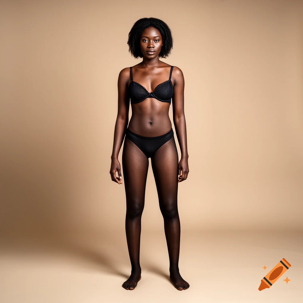 Full-body studio portrait of a Black woman standing, wearing a black bra, panties, and sheer black pantyhose against a beige background.