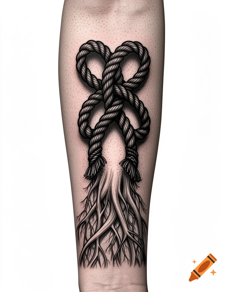 Detailed black and grey forearm tattoo of a figure-eight nautical rope blending into roots on a white background.