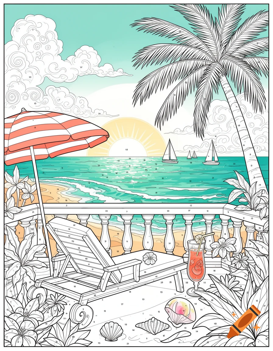 Detailed adult coloring page of a tropical beach balcony with a lounge chair, umbrella, cocktail, and palm trees.