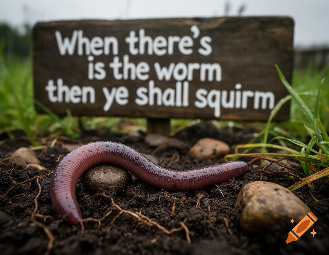 Photorealistic close-up of a pink earthworm on dark soil with a wooden sign reading 'When there's is the worm then ye shall squirm'.