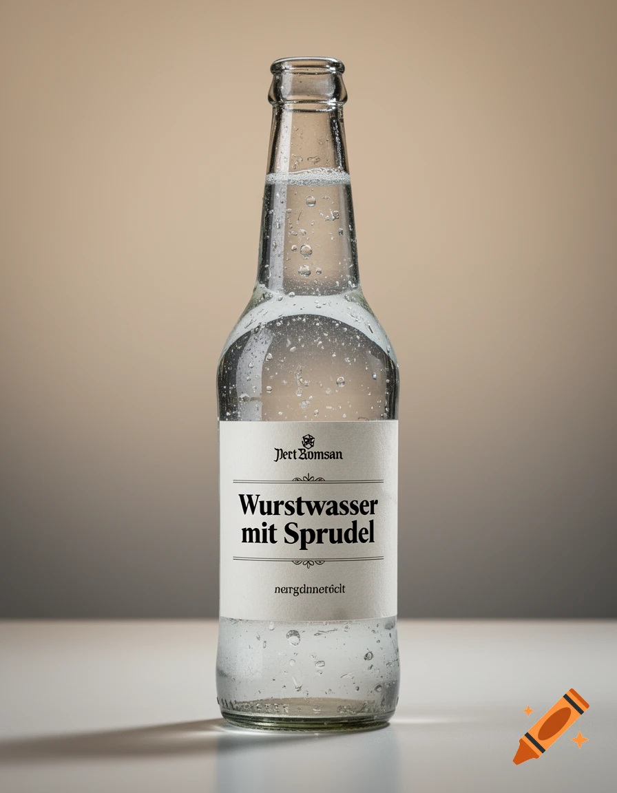 Photorealistic glass bottle of sparkling water with a label reading Wurstwasser mit Sprudel on a white surface.