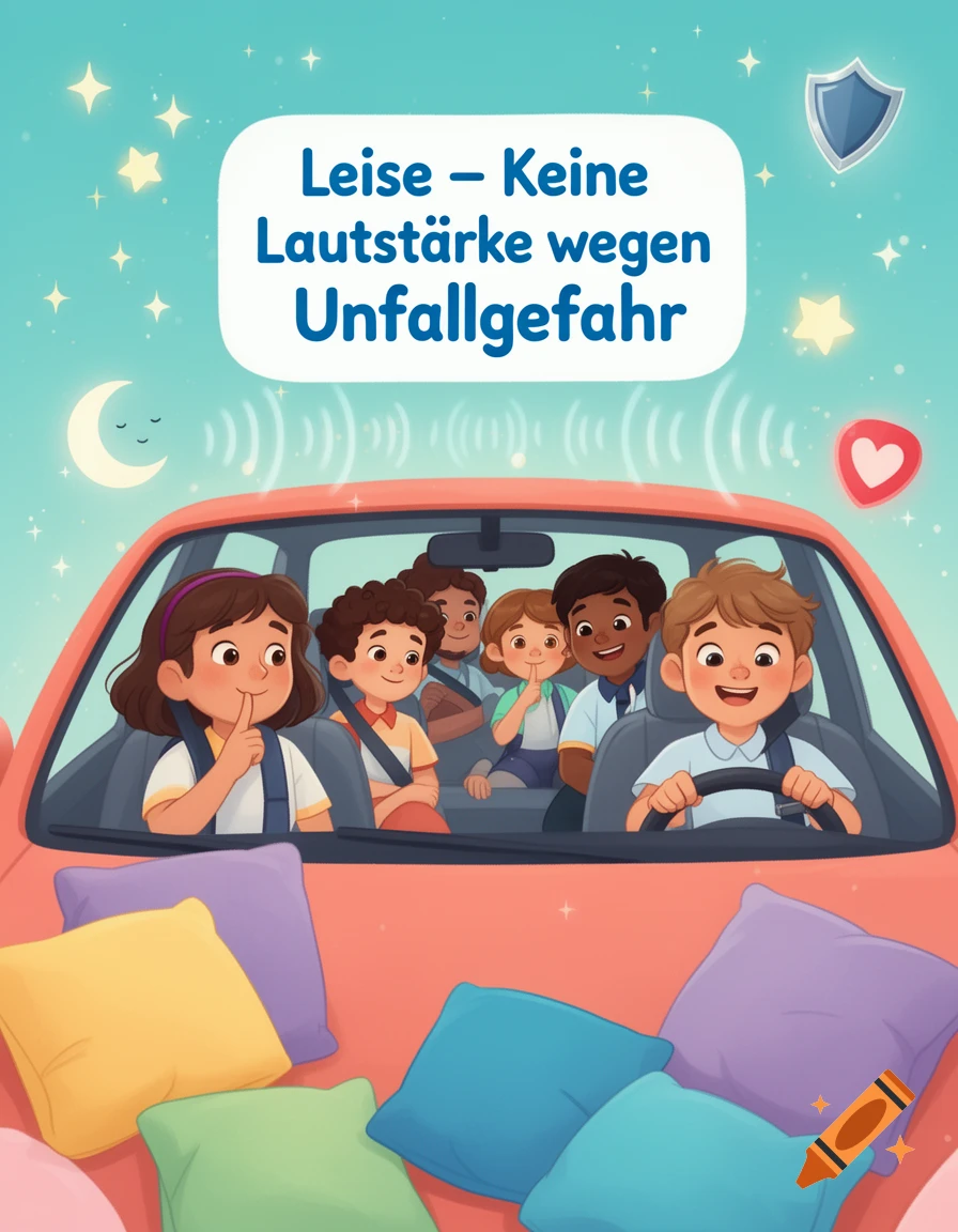 Children in a car with pillows and German safety text, digital illustration