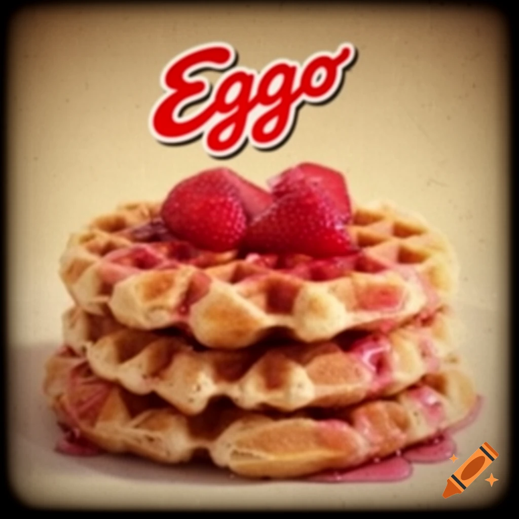 A stack of golden waffles topped with strawberries and syrup, featuring an Eggo logo above.