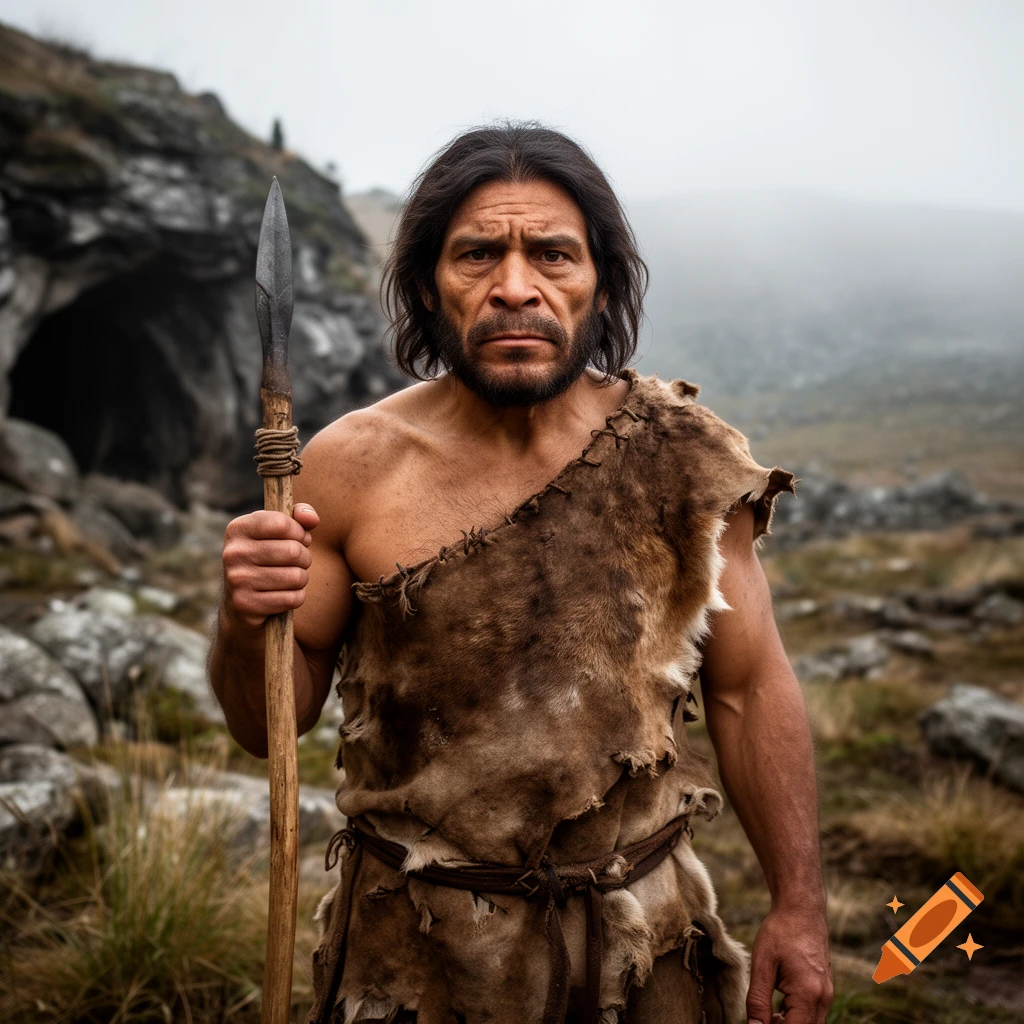 Photorealistic portrait of a Neanderthal man holding a wooden spear in front of a cave.