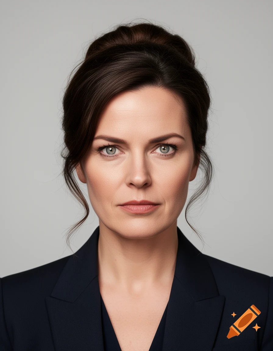 Photorealistic studio portrait of a woman with dark brown hair in an updo and a dark blazer against a gray background.