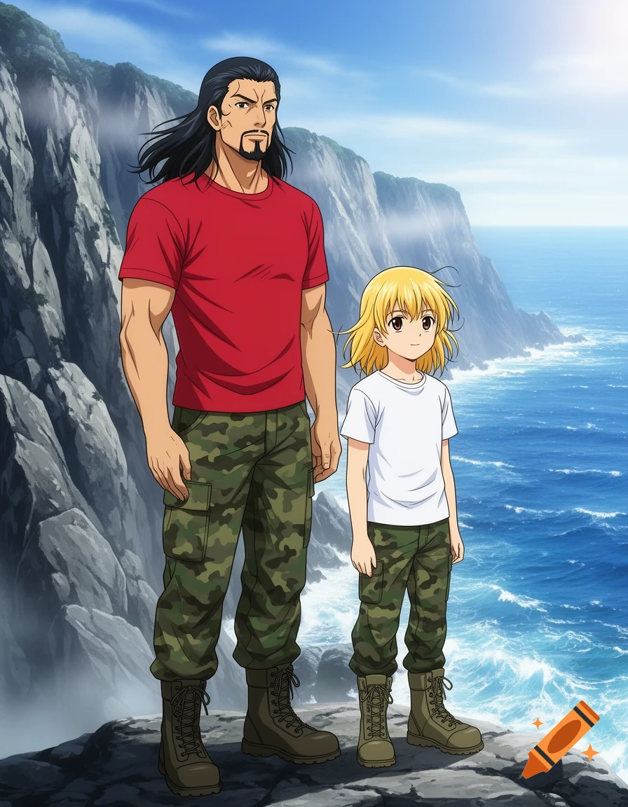 Anime style illustration of a man with long black hair and a young blonde girl standing together on a rocky cliff overlooking the ocean.