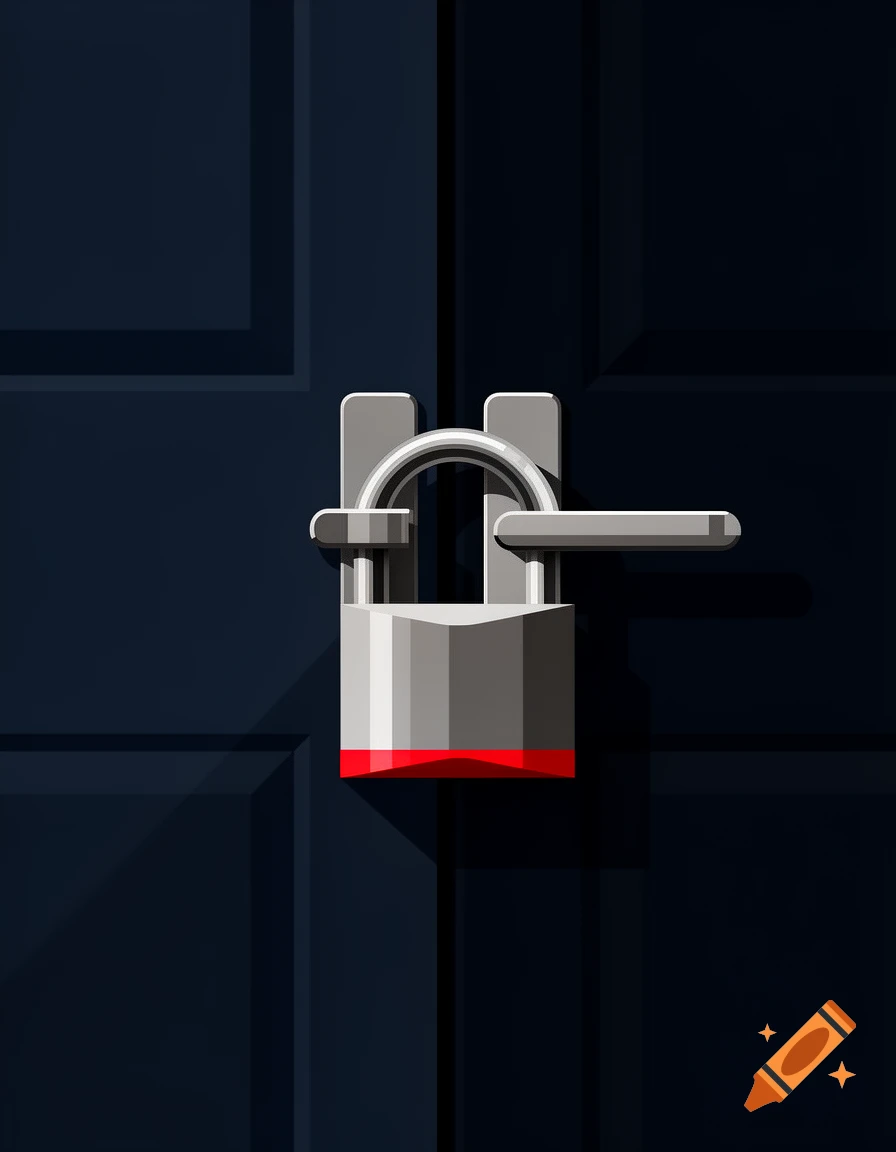 Vector art poster of a heavy-duty metal padlock securing a door handle with dramatic lighting and deep shadows.