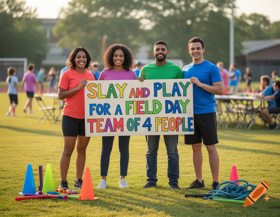 Four smiling adults holding a sign that reads 'SLAY AND PLAY FOR A FIELD DAY TEAM OF 4 PEOPLE' on a grassy field.