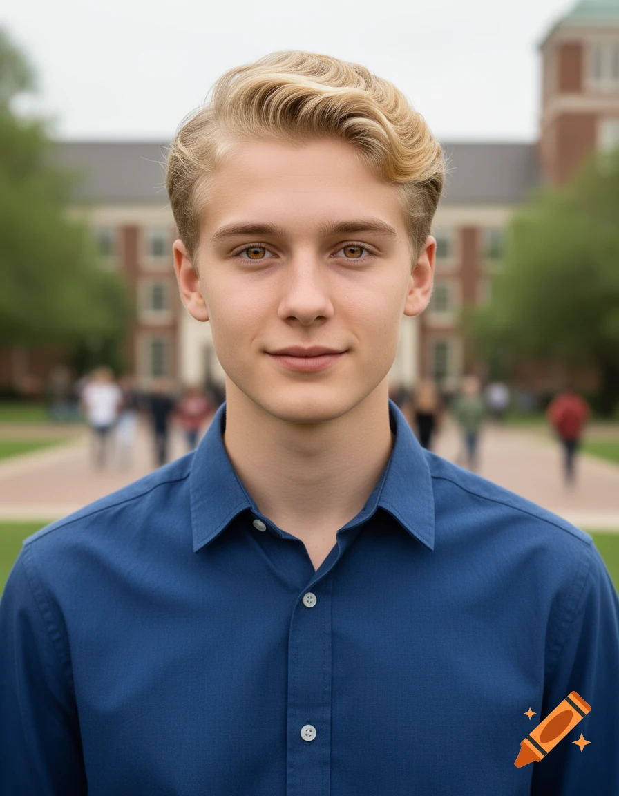 Photorealistic portrait of a young man with short blonde hair and hazel eyes, wearing a blue shirt against a blurred university building background.