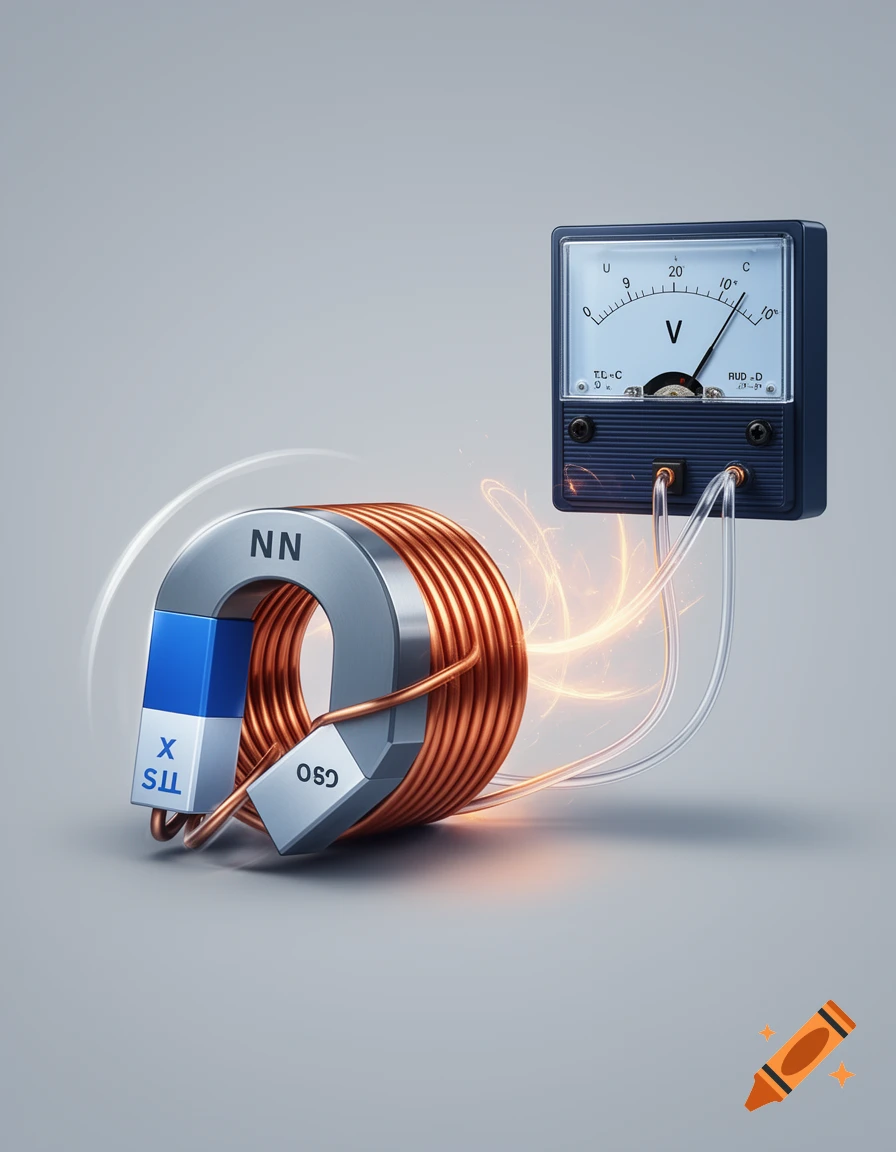 A 3D render of a copper coil wrapped around a magnet, connected to a voltmeter showing electrical induction.