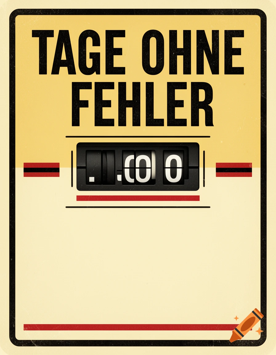 A vintage-style yellow safety sign in German reading 'TAGE OHNE FEHLER' with a mechanical days counter below.