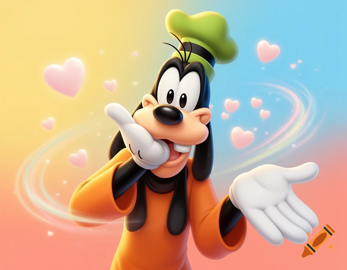 3D digital illustration of Goofy blowing a kiss surrounded by floating pink hearts and a light trail.