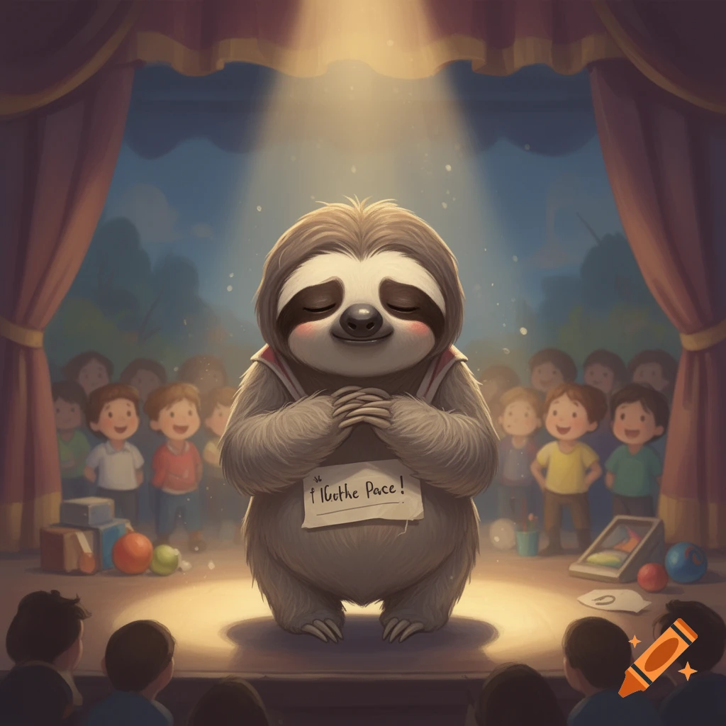 A shy cartoon sloth on a stage with a sign that says 'I Got the Pace!' in front of an audience.