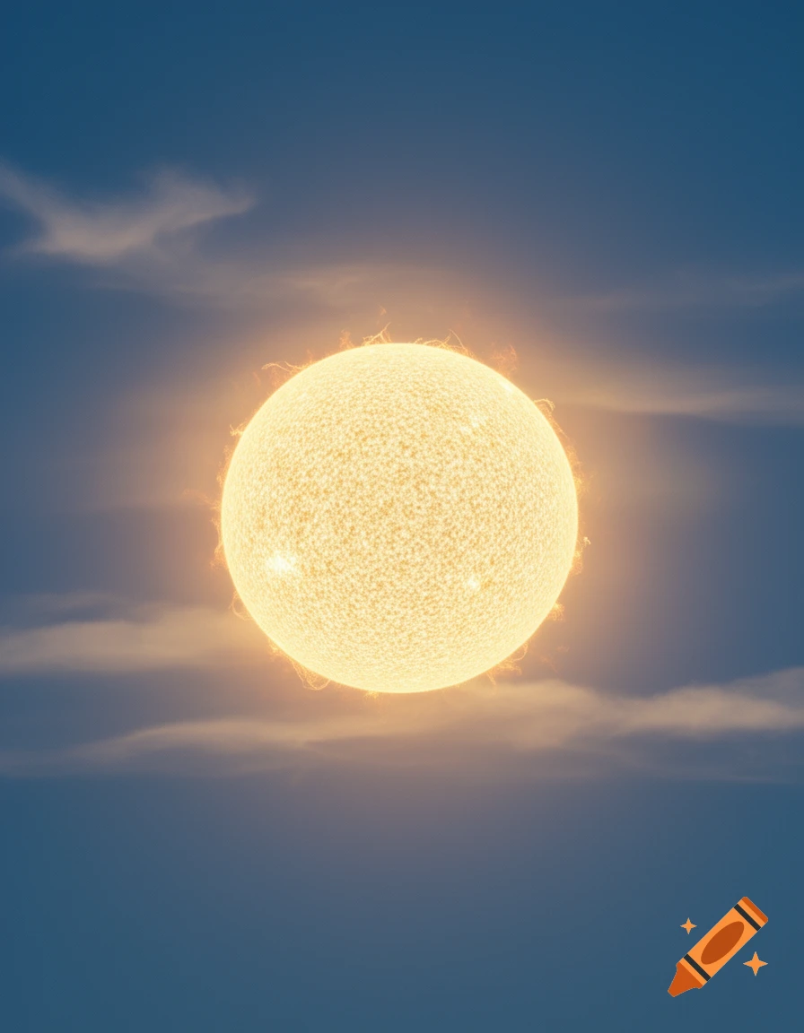 Photorealistic image of a glowing sun against a blue sky with soft white clouds.
