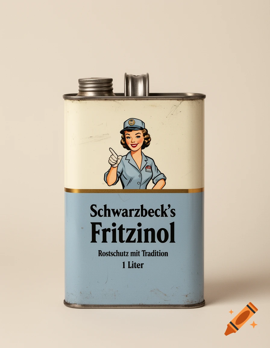 A vintage 1-liter metal oil can with cream and blue paint, featuring a 1950s pin-up style female gas station attendant and German text.