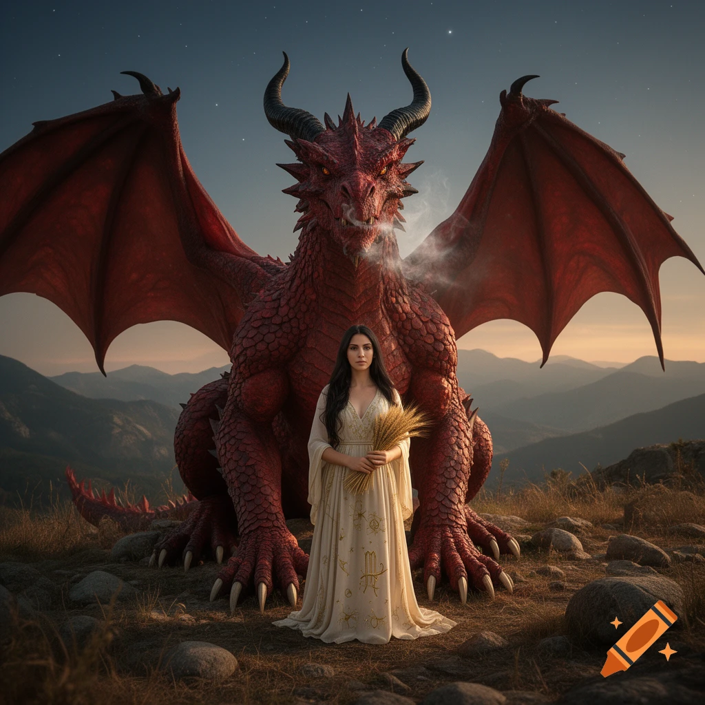A photorealistic image of a large red dragon standing behind a woman in a white dress holding wheat on a mountain at dusk.