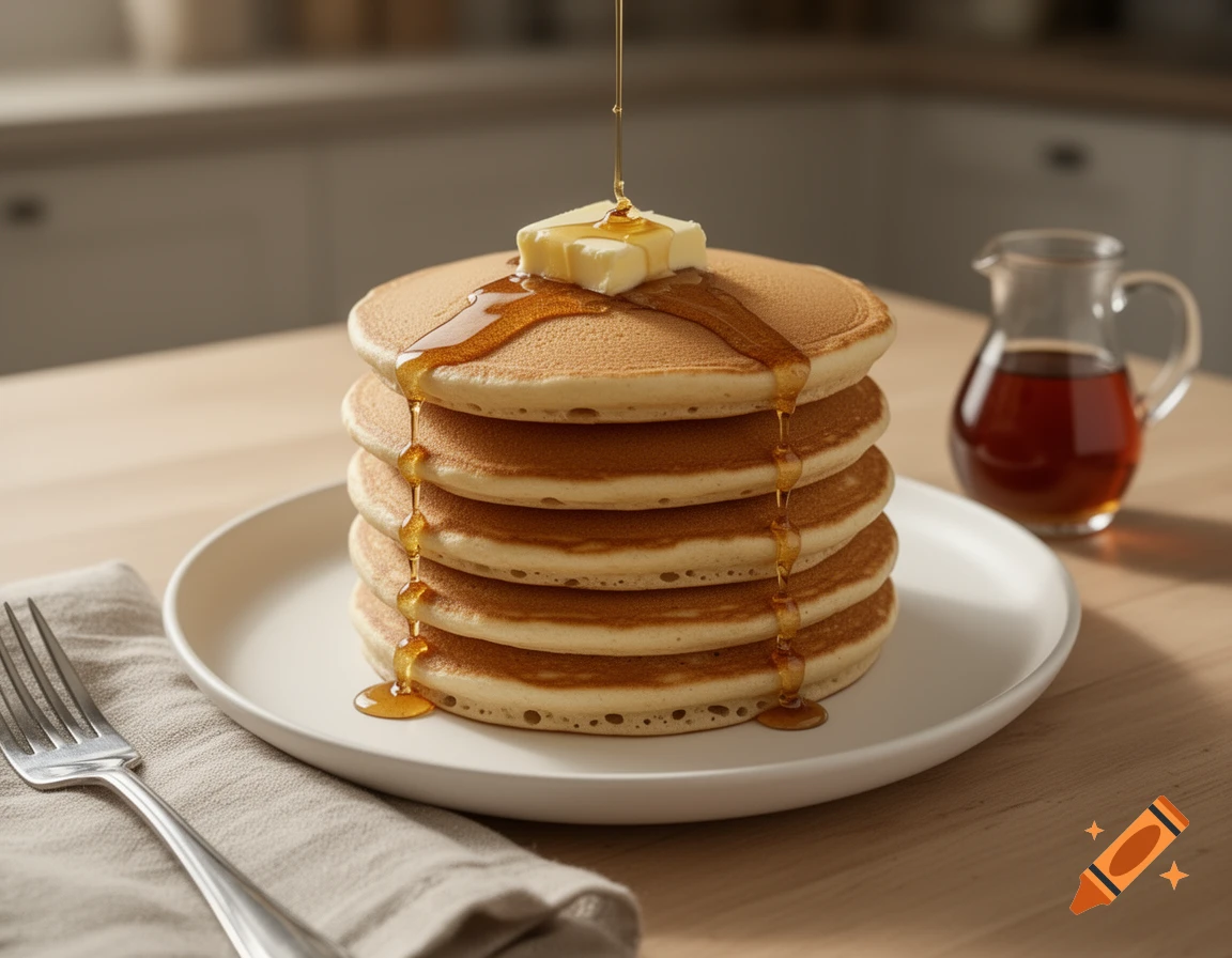 Photorealistic stack of pancakes on a white plate with butter and syrup being poured on top, with a jar of syrup and a fork on a wooden table.