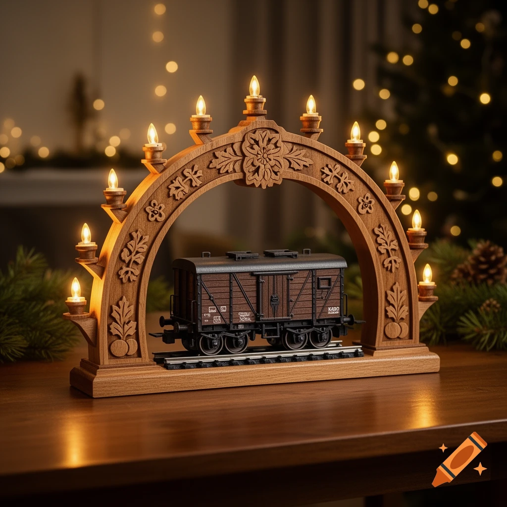 Photorealistic wooden candle arch (Schwibbogen) with lights and a model train car in the center, set on a wooden table.