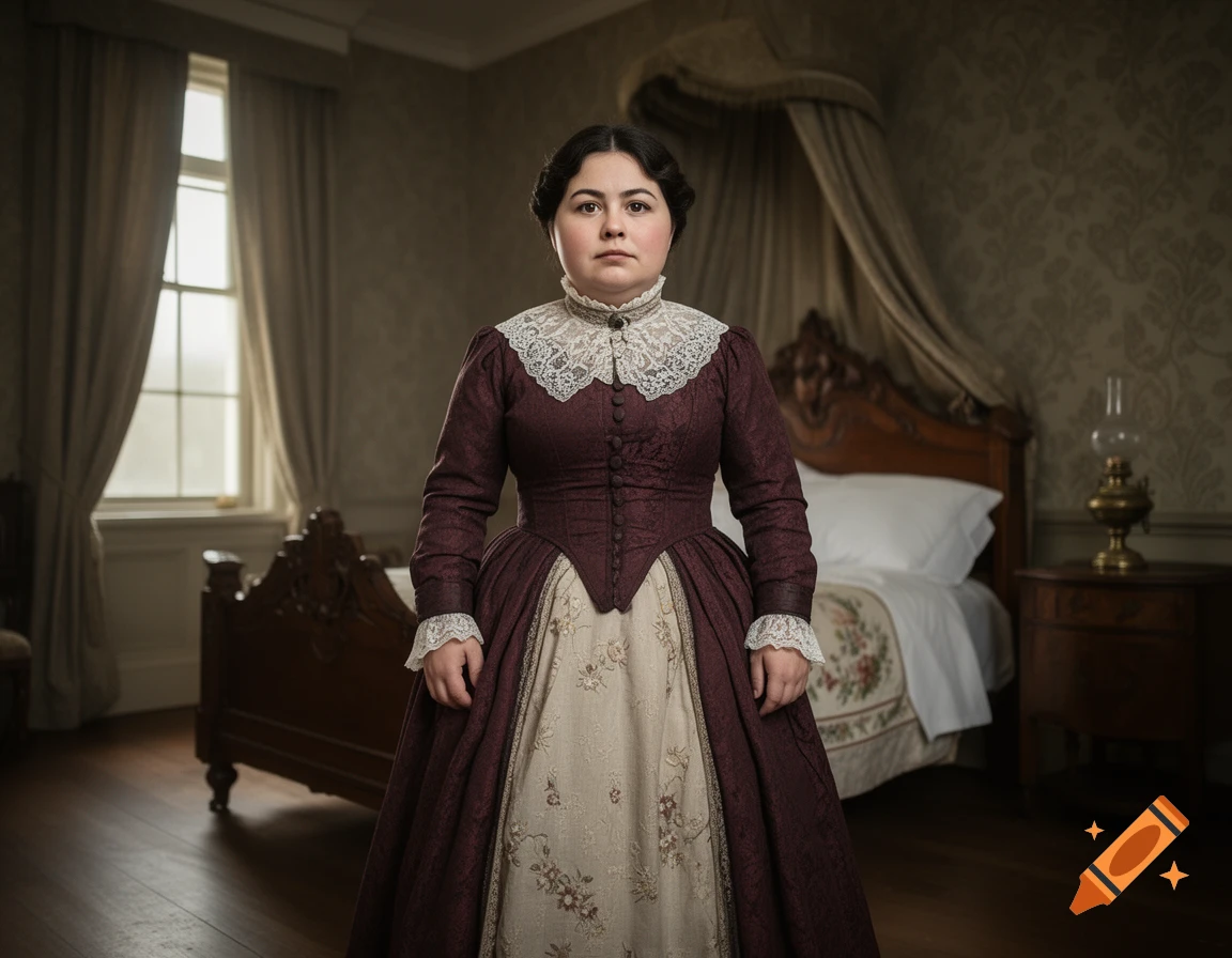 Photorealistic portrait of a dwarf girl in a Victorian era dress standing in a bedroom.