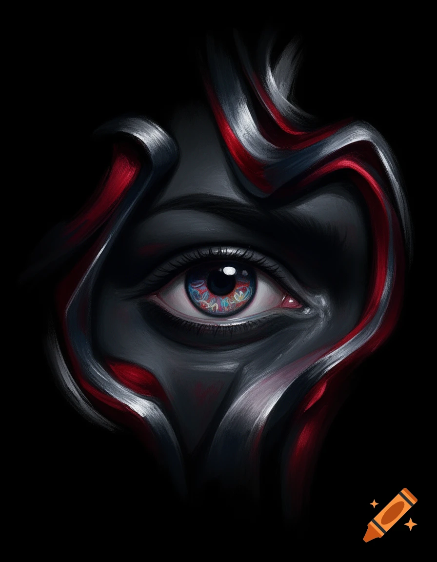 Digital painting of a single detailed human eye framed by swirling black and red abstract shapes against a black background.