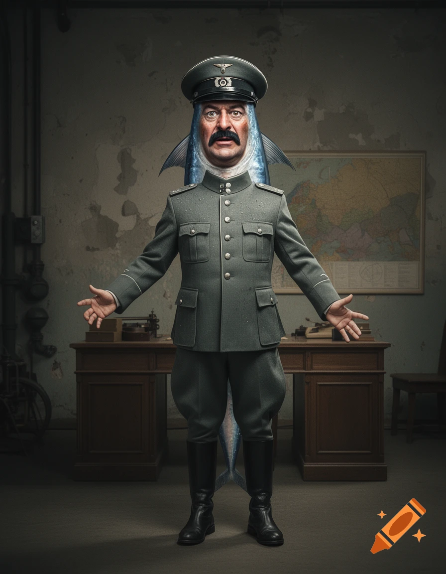 An anthropomorphic fish with a human face and historical military uniform standing in a retro office.