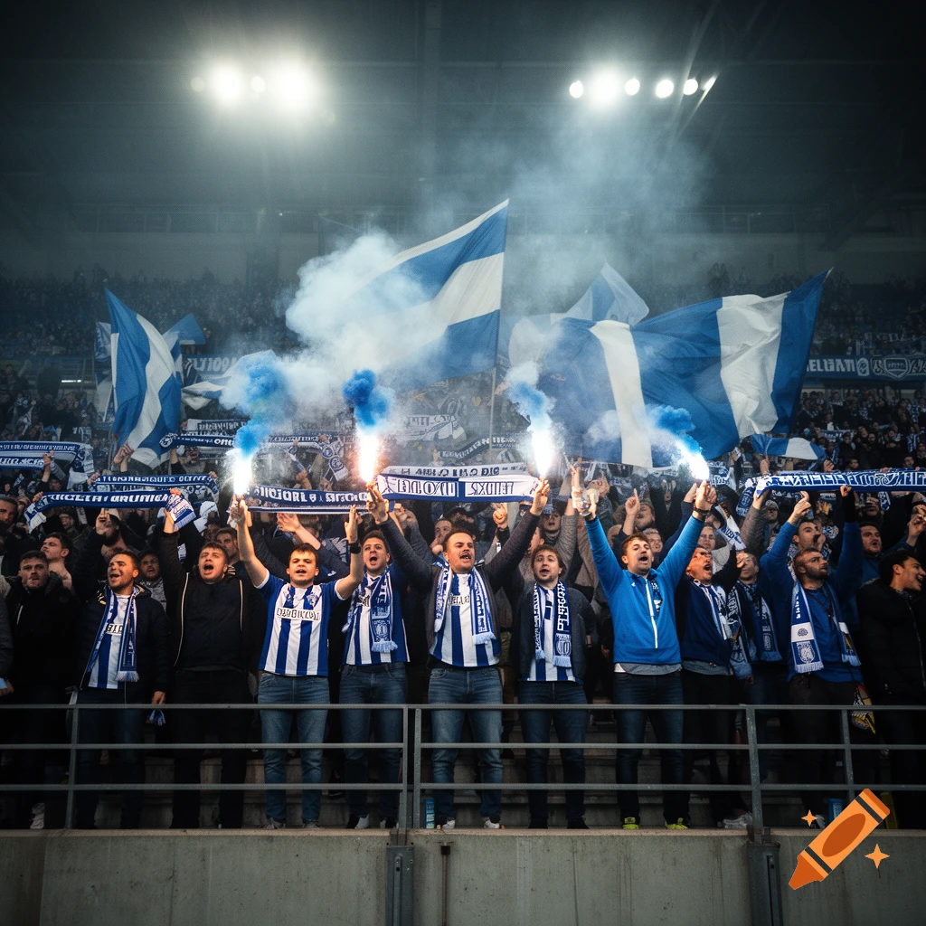 Football ultras holding blue and white flags and flares in a stadium at night